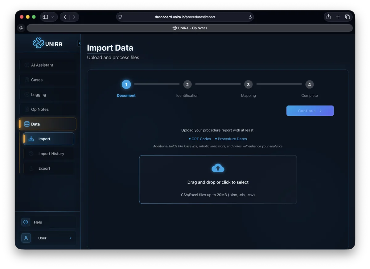 UNIRA web dashboard import workflow